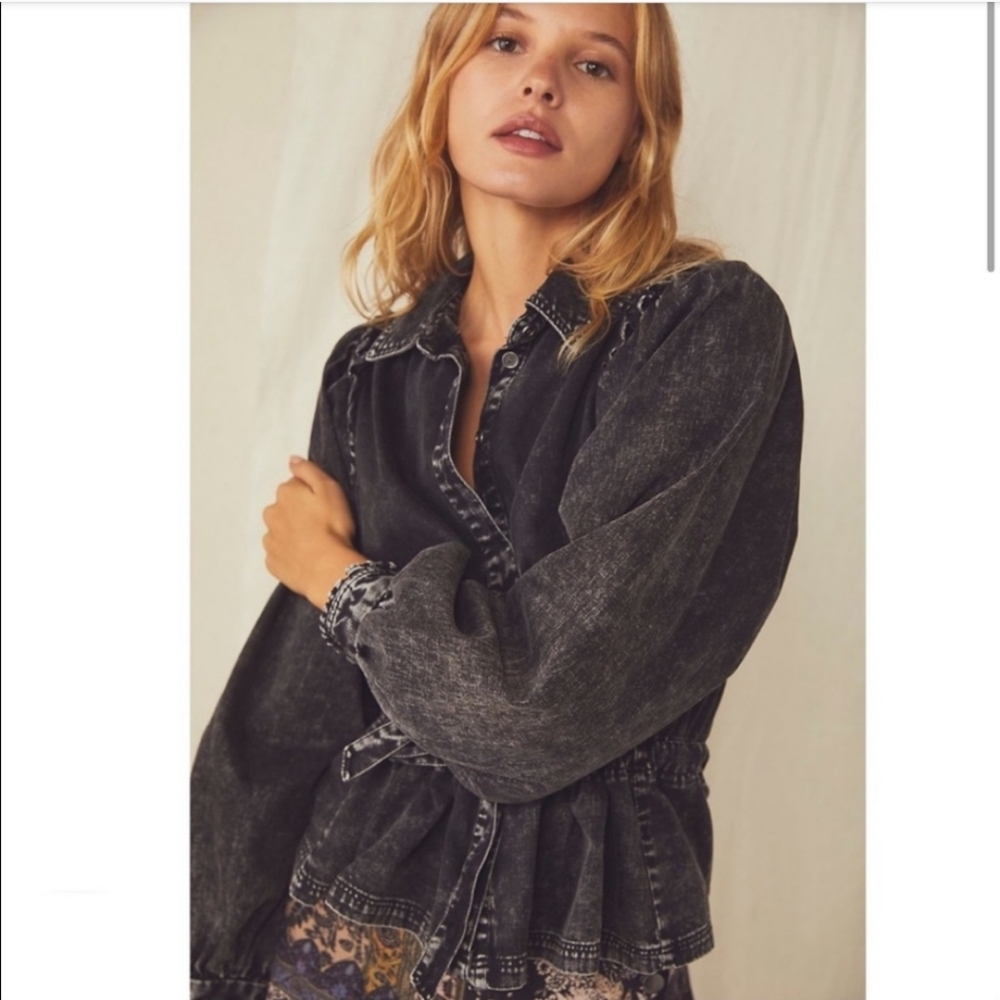 Free People You're All Mine Black Acid-Washed Blouse, Sz. M - Picture 2 of 10